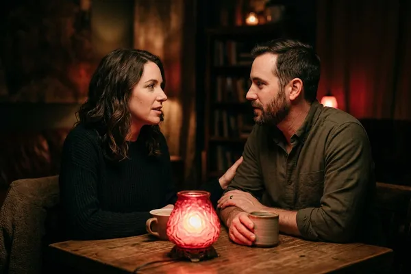 情侶認真對話，玫瑰燈光下眼神相對，用心傾聽