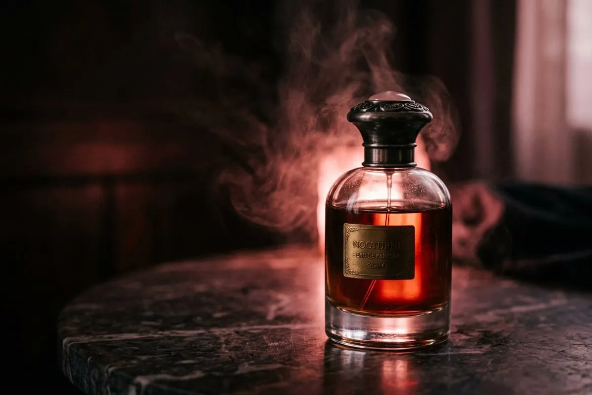 大理石台面上的琥珀色香水瓶，暗玫瑰光暈環繞瓶身