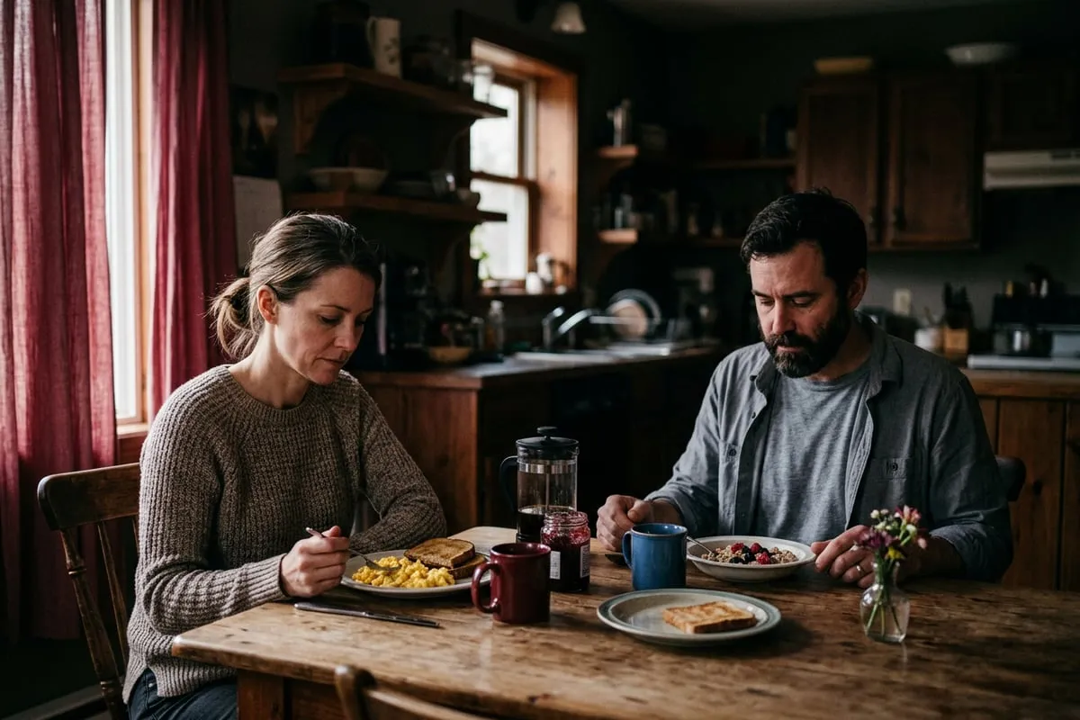 夫妻坐在早餐桌各自沉默，溫馨卻帶著距離