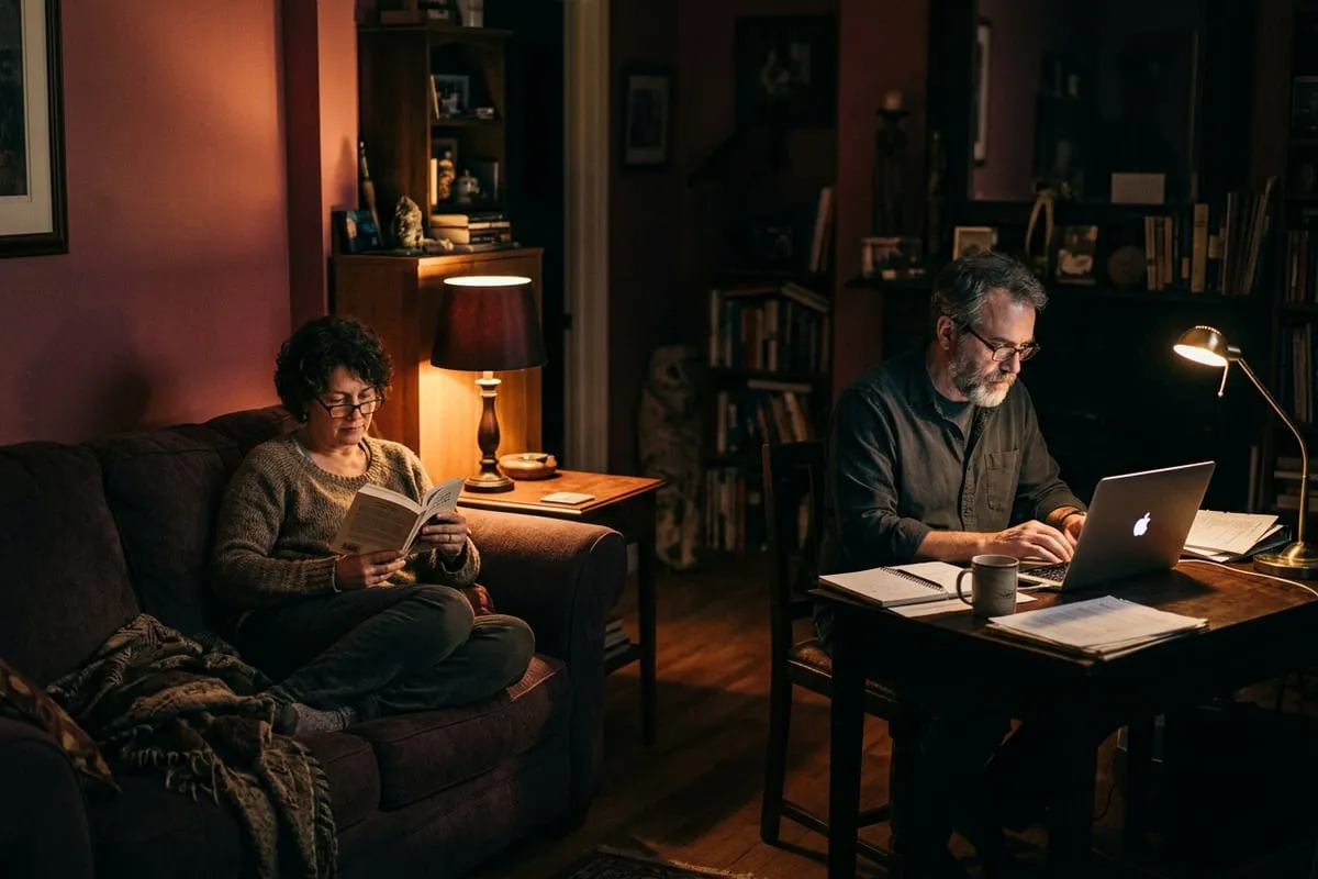 伴侶在家中各自做自己的事，靜默中有種安心的相依