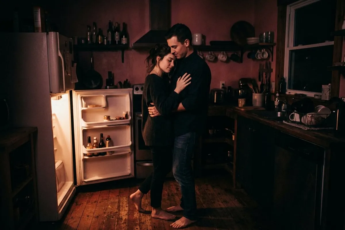 情侶深夜在昏暗廚房裡緩慢起舞，冰箱透出的暖光照亮兩人，自然不造作的親密感
