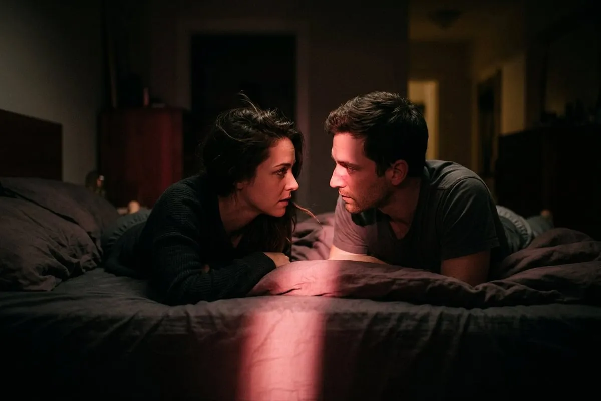 情侶在黑暗中面對面躺著，暗玫瑰光線落在兩人之間