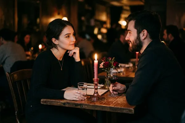 兩人在昏黃燭光下對坐，女生若有所思地看著對方