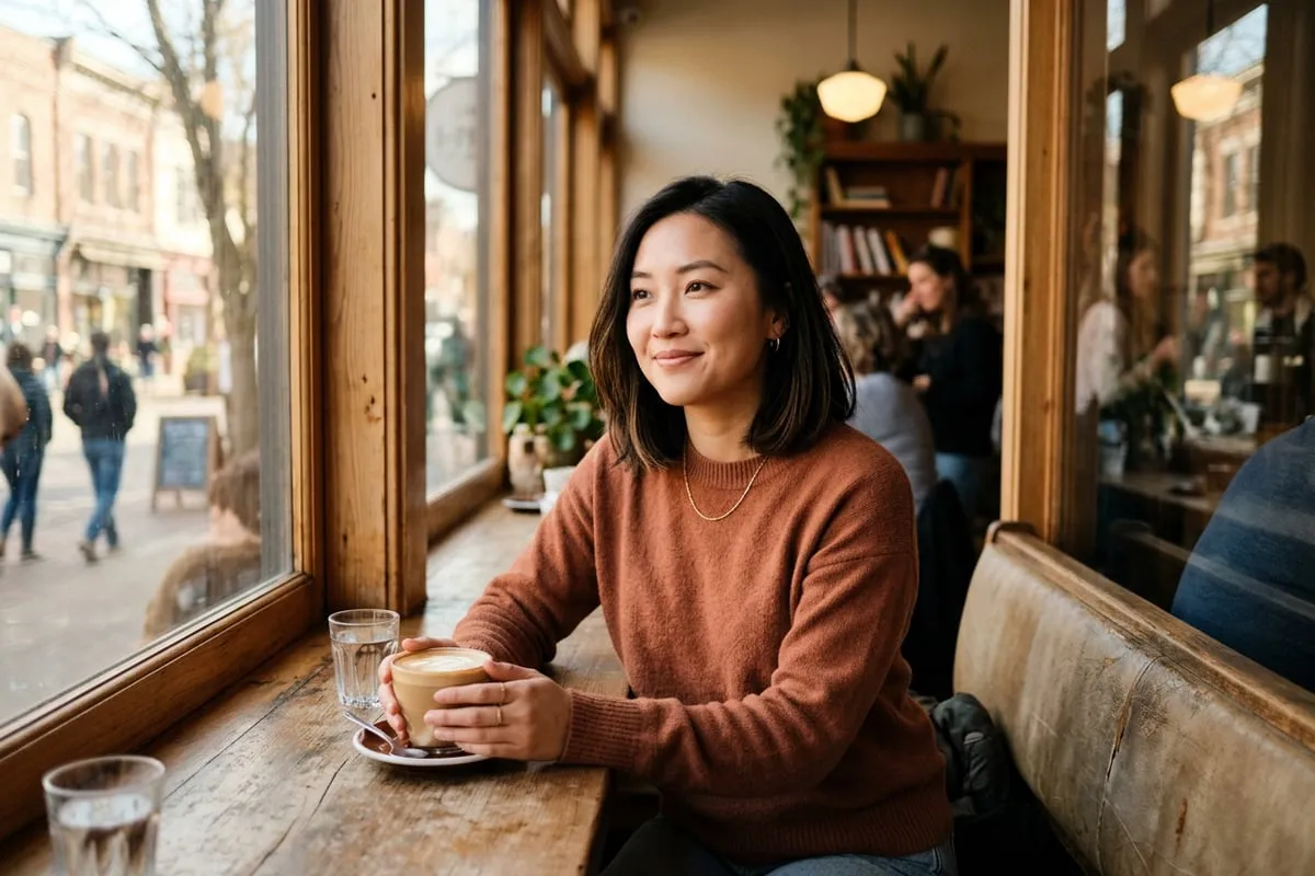 自信獨立的女性坐在咖啡廳窗邊，溫暖自然光