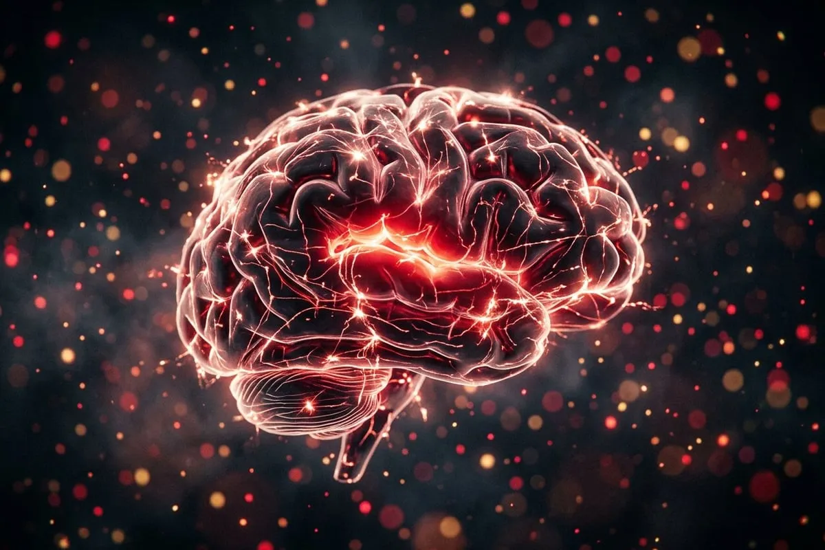 大腦神經通路在玫瑰金光線中快速啟動，象徵一見鍾情的神經科學