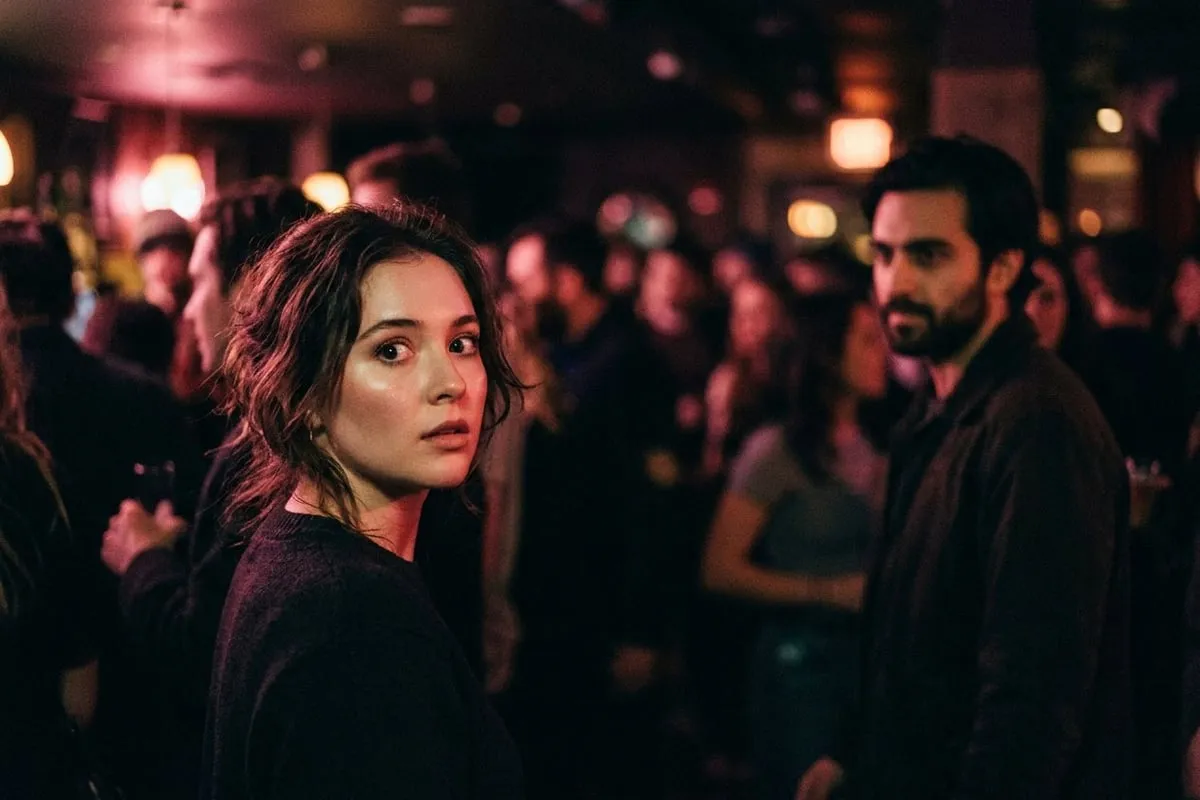 兩個陌生人在昏暗人群中對視的瞬間，暗玫瑰色光線打在臉上