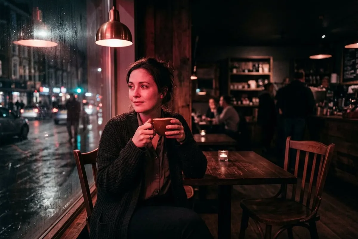 一個女人獨自坐在咖啡館，凝視窗外，手握咖啡杯，帶著若有所思的神情