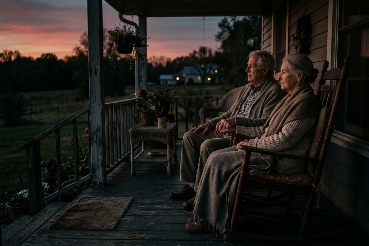 老夫妻在黃昏的廊上靜靜牽手，歲月裡有深情
