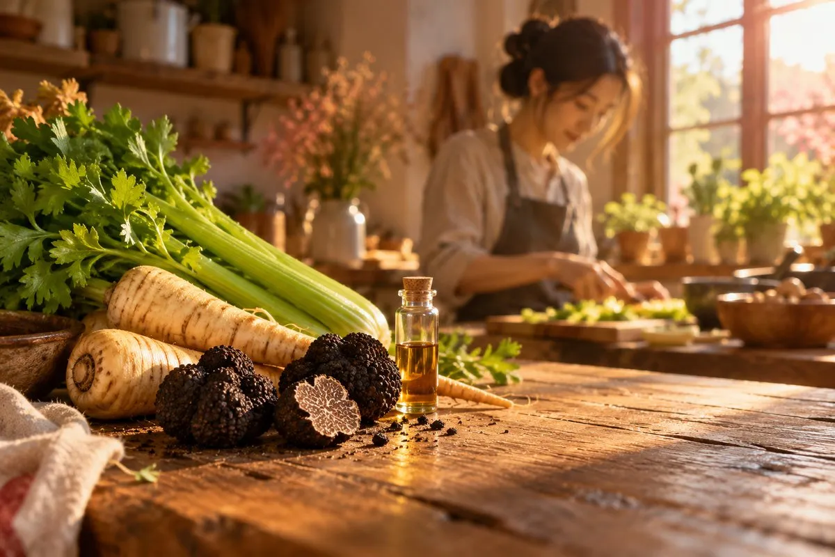 午後陽光照進廚房,木桌上擺著黑松露、芹菜和歐洲防風草,旁邊立著一小瓶琥珀色液體,後方有人在備料