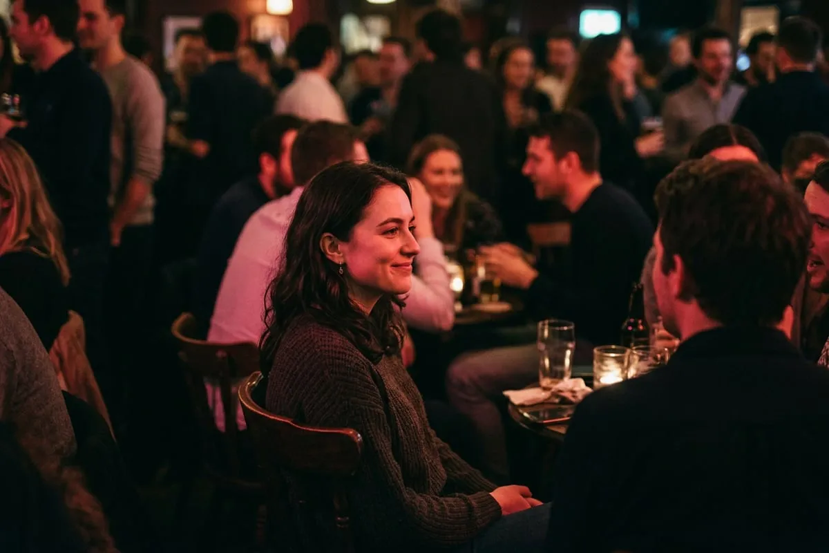 女人在人群中偷偷望向某人，藏不住的微笑