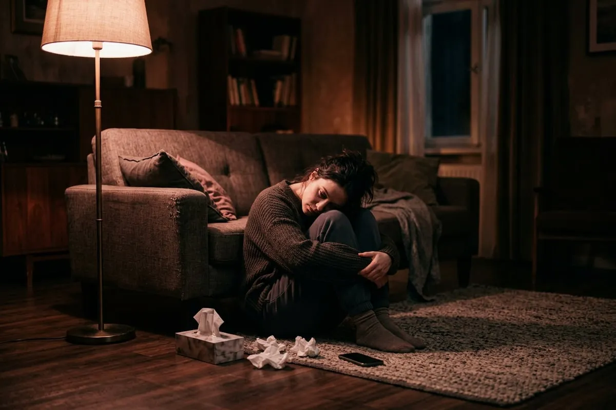 失戀後坐在地板上的女人，燈光昏黃，情緒沉重