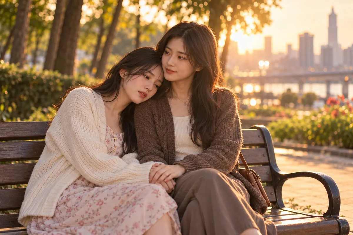 夕陽下的公園長椅上，女子把頭靠在好友肩上，好友握著她的手，安靜地聽她說話