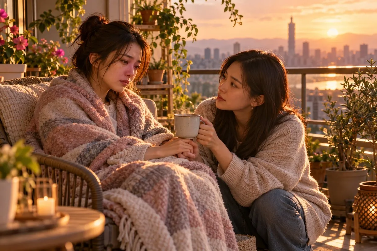 夕陽下的陽台上,女子裹著毯子坐在藤椅上,好友坐在一旁握著她的手,端著一杯熱茶望著她