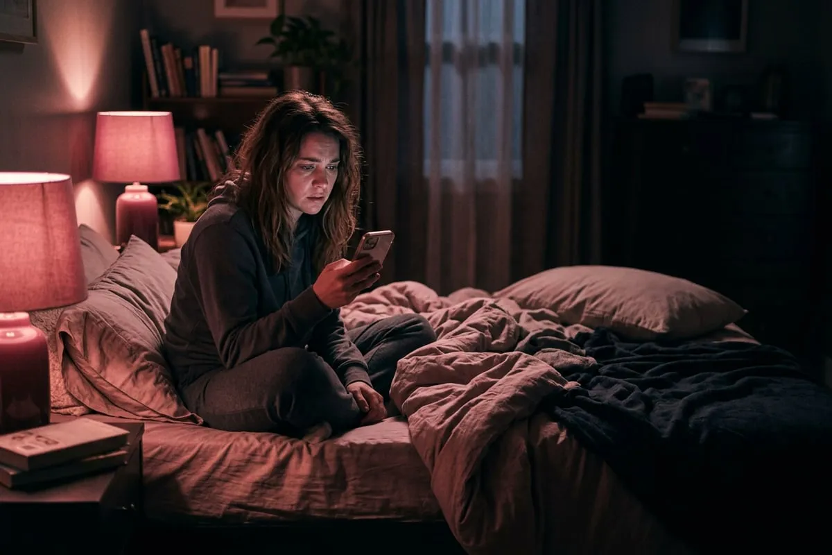 女人獨坐床上盯著手機，燈光昏黃，神情焦慮